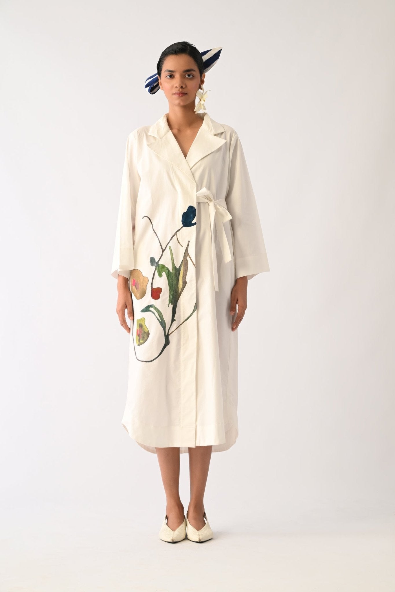 Botanica IVORY Wrap Appliqué Dress by Ofrida, ivory belted wrap dress with floral appliqué, front view