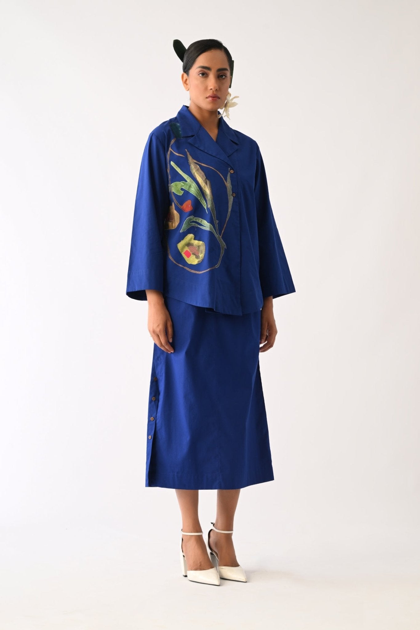 Botanica RB Psyflora Appliqué Shirt Set by Ofrida, royal blue appliqué shirt with matching midi skirt, front view