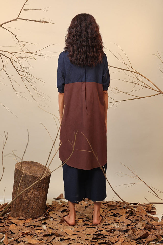 Brown & Blue Shirt Tunic Set (2 PCS) - Two-Piece Set - Mizyana