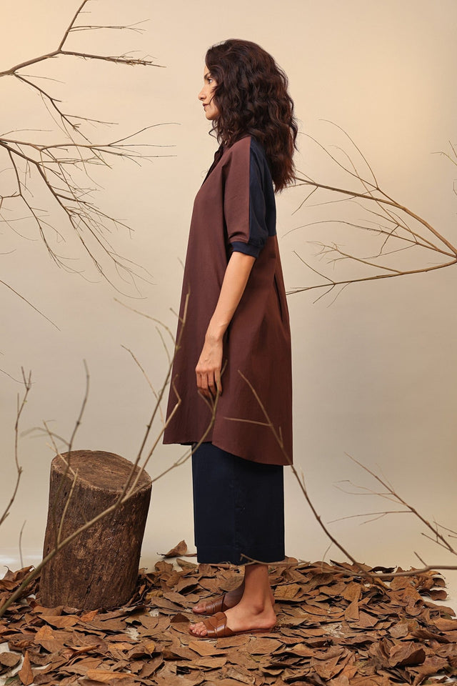 Brown & Blue Shirt Tunic Set (2 PCS) - Two-Piece Set - Mizyana