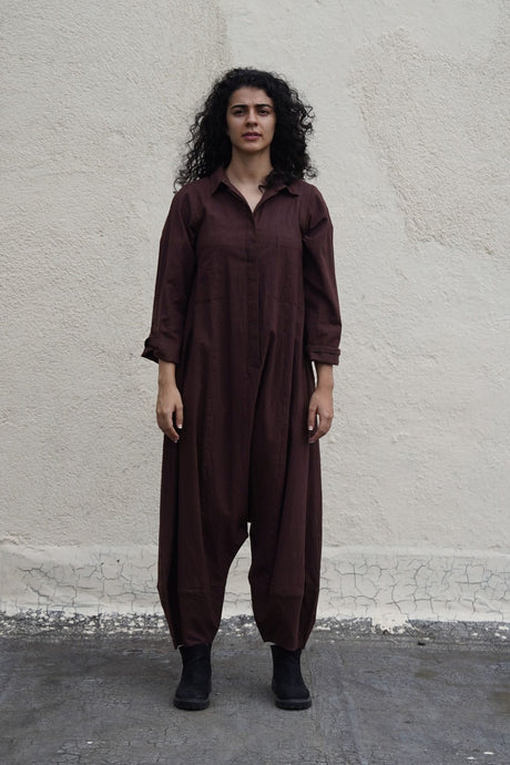 Brown Collar Sleeve Suga Jumpsuit from MATI, dark brown collared jumpsuit with button front and balloon legs, front view