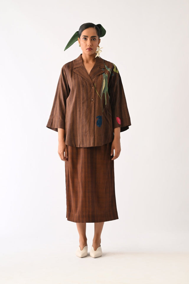 Brown Psyflora Appliqu√© Shirt Set - Two-Piece Set - Mizyana