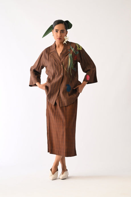 Brown Psyflora Appliqu√© Shirt Set - Two-Piece Set - Mizyana