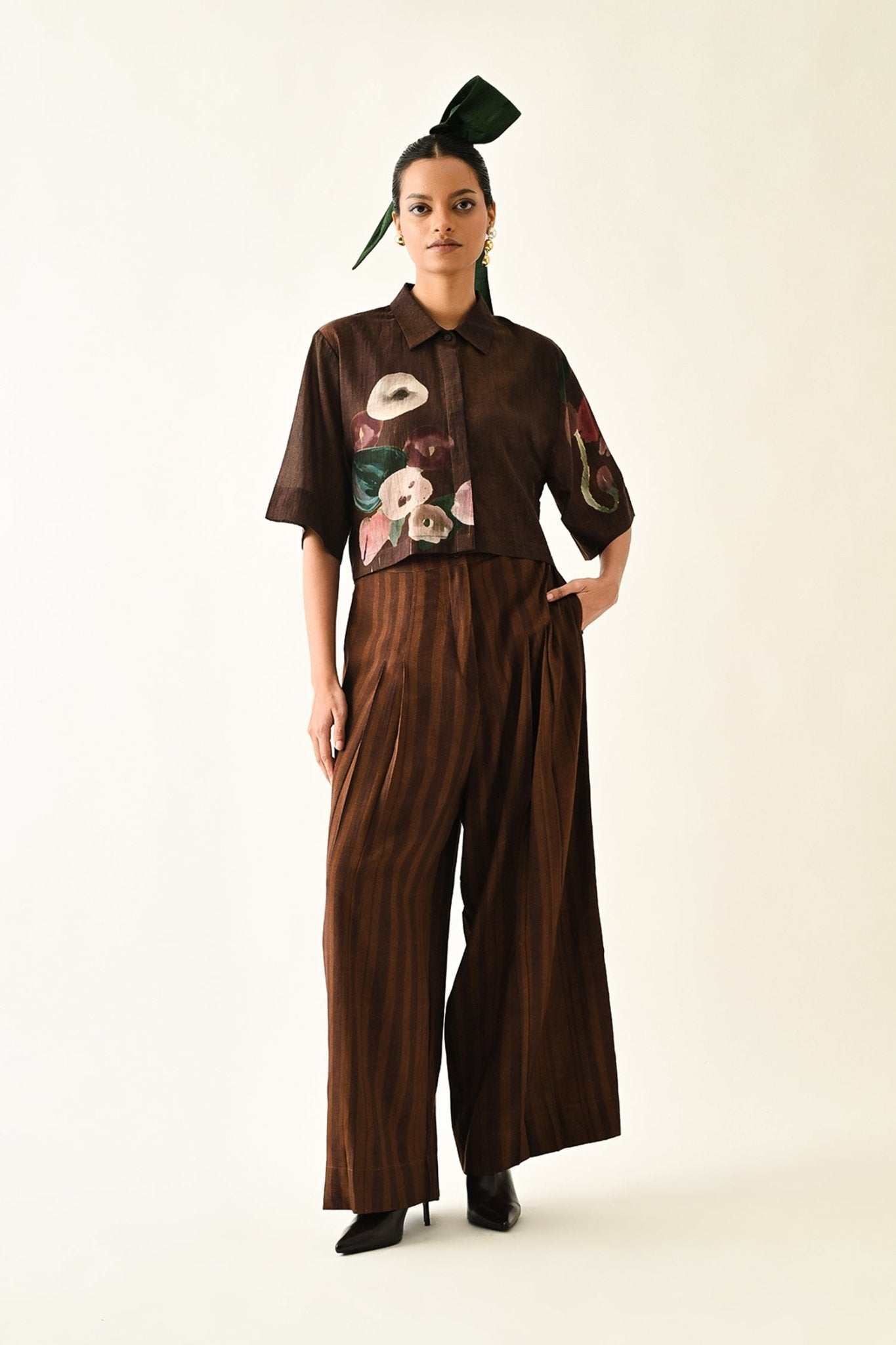BROWN Stripes PP Pant by Ofrida, brown striped wide leg pleated pants with appliqué shirt, front view