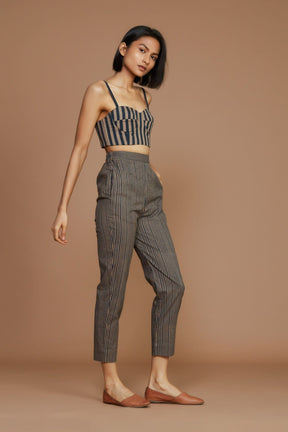 Brown with Charcoal Striped Corset & Pant Co-Ord Set (2 PCS) - Co-ord Set - Mizyana