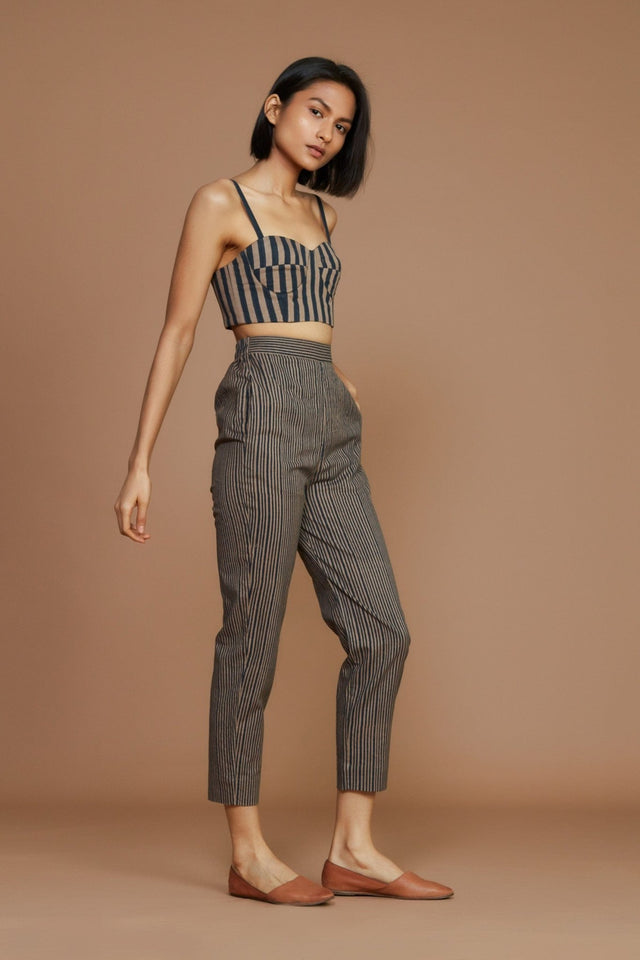 Brown with Charcoal Striped Corset & Pant Co-Ord Set (2 PCS) - Co-ord Set - Mizyana