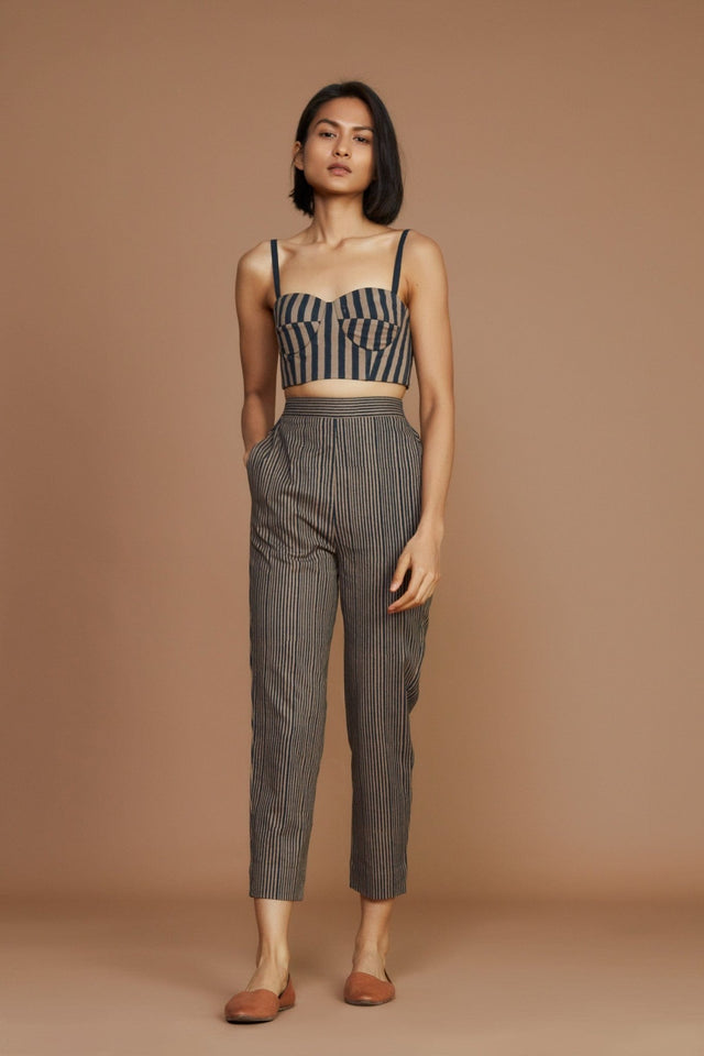 Brown with Charcoal Striped Corset & Pant Co-Ord Set (2 PCS) - Co-ord Set - Mizyana