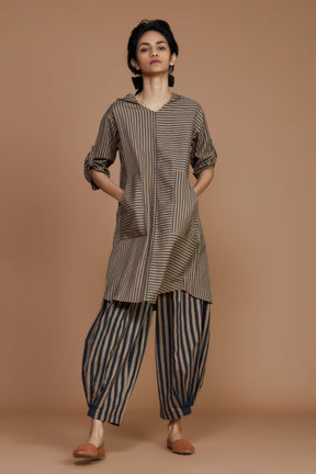 Brown With Charcoal Striped Hooded Co-Ord Set - Co-ord Set - Mizyana