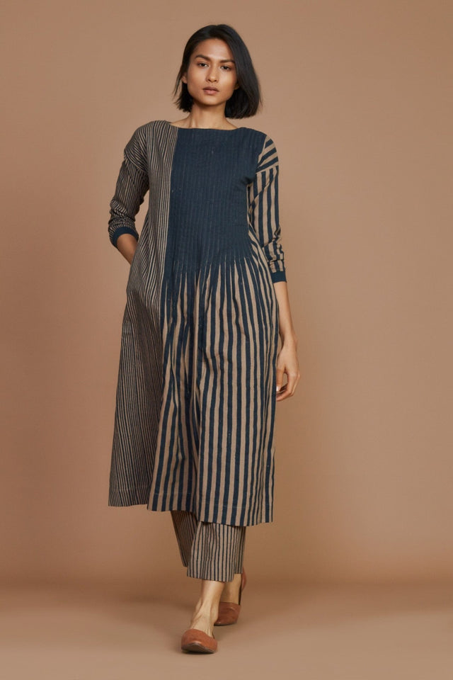 Brown With Charcoal Striped Pleated Co-Ord Set - Co-ord Set - Mizyana