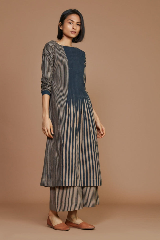 Brown With Charcoal Striped Pleated Co-Ord Set - Co-ord Set - Mizyana