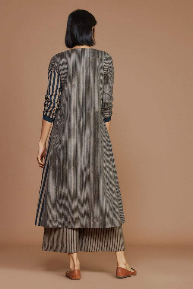 Brown With Charcoal Striped Pleated Co-Ord Set - Co-ord Set - Mizyana
