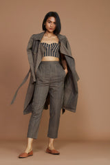 Brown with Charcoal Striped Trench & Corset Co-Ord Set (3 PCS) - Co-ord Set - Mizyana