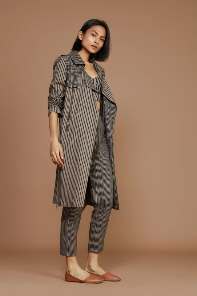 Brown with Charcoal Striped Trench & Corset Co-Ord Set (3 PCS) - Co-ord Set - Mizyana