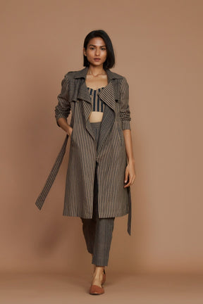 Brown with Charcoal Striped Trench & Corset Co-Ord Set (3 PCS) - Co-ord Set - Mizyana