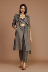 Brown with Charcoal Striped Trench & Corset Co-Ord Set (3 PCS) - Co-ord Set - Mizyana