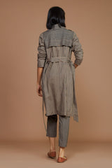 Brown with Charcoal Striped Trench & Corset Co-Ord Set (3 PCS) - Co-ord Set - Mizyana