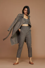 Brown with Charcoal Striped Trench & Corset Co-Ord Set (3 PCS) - Co-ord Set - Mizyana