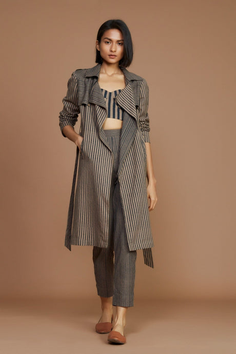Brown with Charcoal Striped Trench Jacket - Jacket - Mizyana