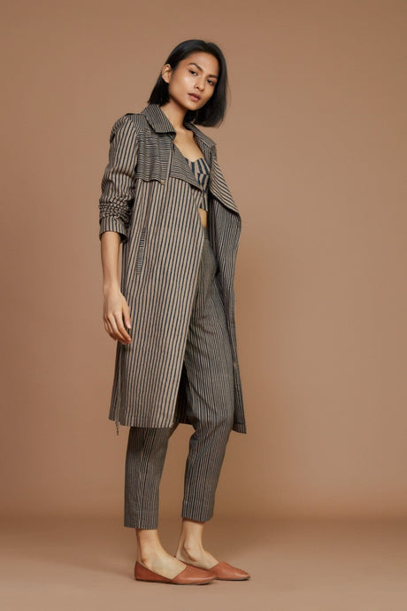 Brown with Charcoal Striped Trench Jacket - Jacket - Mizyana