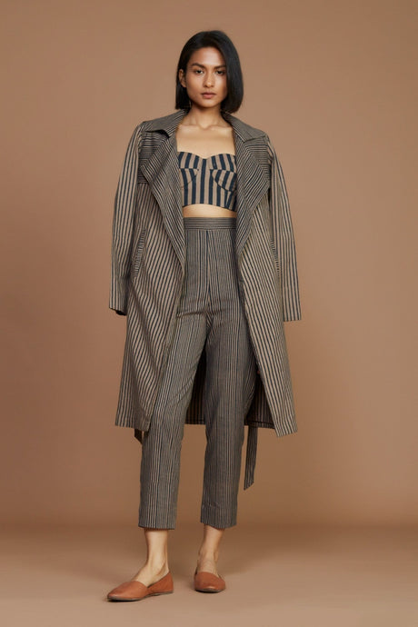 Brown with Charcoal Striped Trench Jacket - Jacket - Mizyana