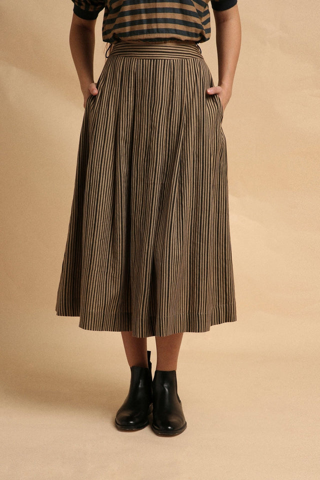 Brown with Narrow Charcoal Striped Box Pleated Skirt - Skirt - Mizyana