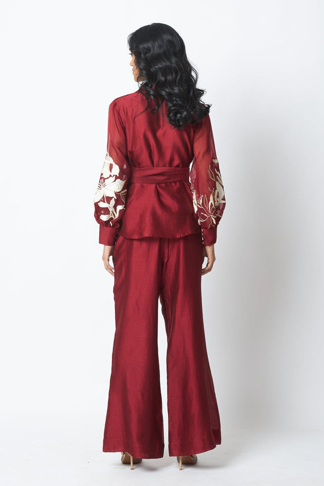 Burgandy Reva - Blazer Wrap Top & Wide-Leg Pant - Two-Piece Set - Mizyana