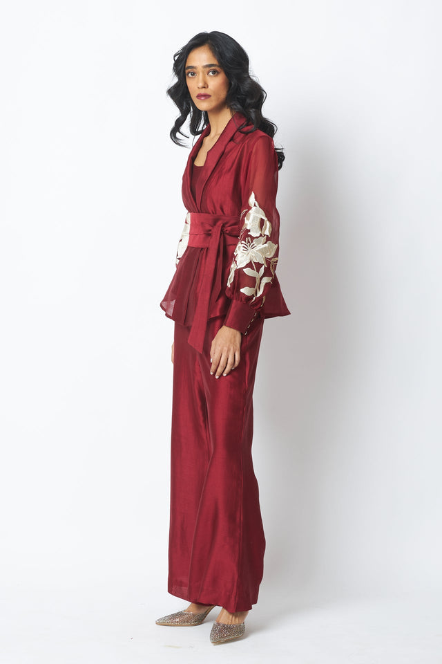 Burgandy Reva - Blazer Wrap Top & Wide-Leg Pant - Two-Piece Set - Mizyana