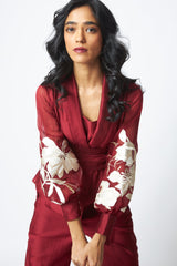 Burgandy Reva - Blazer Wrap Top & Wide-Leg Pant - Two-Piece Set - Mizyana