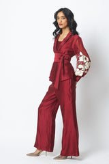 Burgandy Reva - Blazer Wrap Top & Wide-Leg Pant - Two-Piece Set - Mizyana
