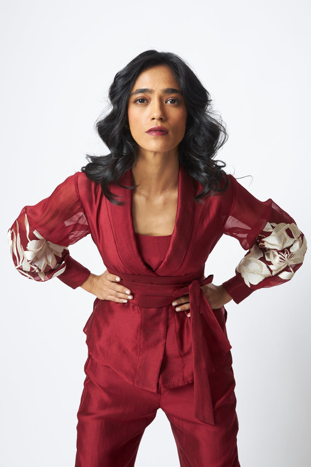 Burgandy Reva - Blazer Wrap Top & Wide-Leg Pant - Two-Piece Set - Mizyana