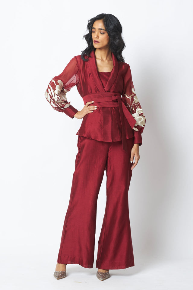 Burgandy Reva - Blazer Wrap Top & Wide-Leg Pant - Two-Piece Set - Mizyana