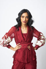 Burgandy Reva - Blazer Wrap Top & Wide-Leg Pant - Two-Piece Set - Mizyana