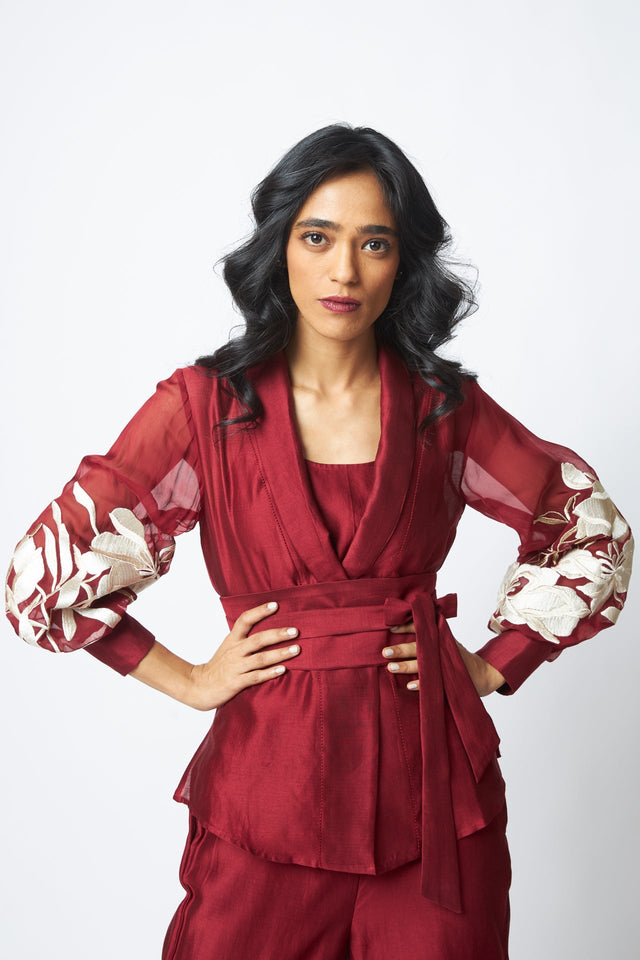 Burgandy Reva - Blazer Wrap Top & Wide-Leg Pant - Two-Piece Set - Mizyana