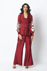 Burgandy Reva - Blazer Wrap Top & Wide-Leg Pant - Two-Piece Set - Mizyana