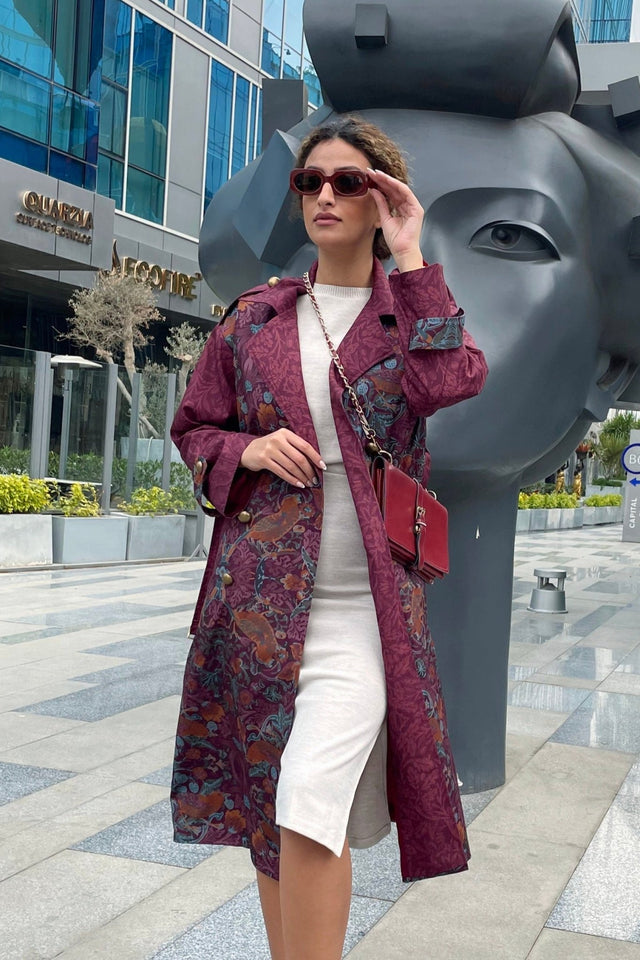 Burgundy Bird Trench Coat - Trench Coat - Mizyana