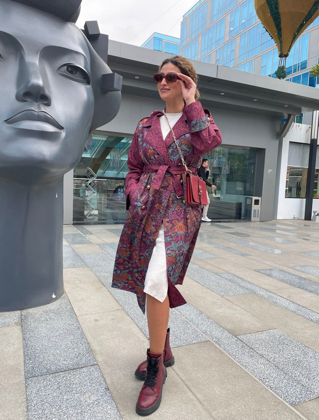 Burgundy Bird Trench Coat - Trench Coat - Mizyana