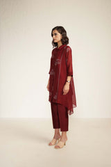Burgundy Mul Chanderi Shirt with Embroidery And Silk Chanderi Pants - Two-Piece Set - Mizyana