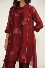 Burgundy Mul Chanderi Shirt with Embroidery And Silk Chanderi Pants - Two-Piece Set - Mizyana