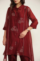Burgundy Mul Chanderi Shirt with Embroidery And Silk Chanderi Pants - Two-Piece Set - Mizyana