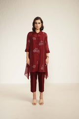 Burgundy Mul Chanderi Shirt with Embroidery And Silk Chanderi Pants - Two-Piece Set - Mizyana