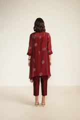 Burgundy Mul Chanderi Shirt with Embroidery And Silk Chanderi Pants - Two-Piece Set - Mizyana