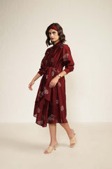 Burgundy Printed Tie Up Dress with Embroidery - Dress - Mizyana