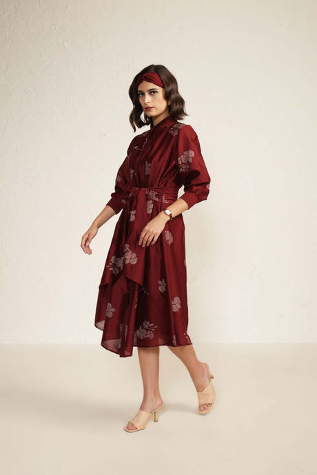 Burgundy Printed Tie Up Dress with Embroidery - Dress - Mizyana