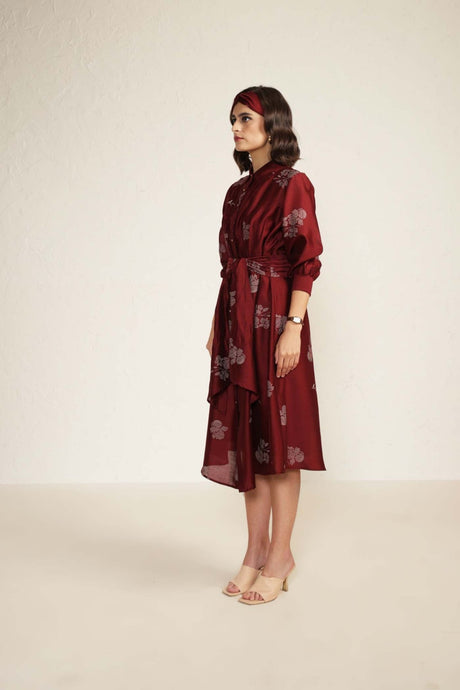 Burgundy Printed Tie Up Dress with Embroidery - Dress - Mizyana