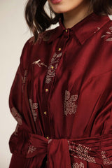 Burgundy Printed Tie Up Dress with Embroidery - Dress - Mizyana