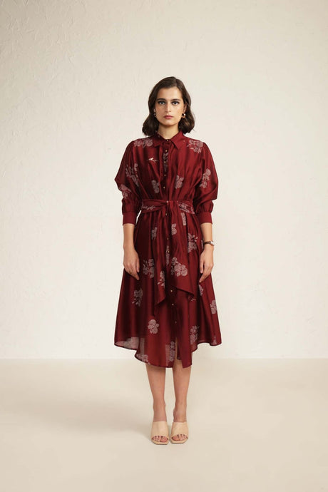 Burgundy Printed Tie Up Dress with Embroidery - Dress - Mizyana