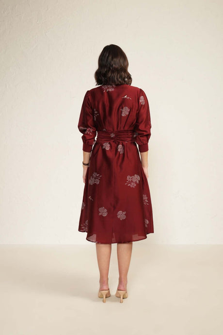 Burgundy Printed Tie Up Dress with Embroidery - Dress - Mizyana