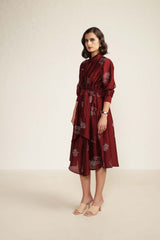 Burgundy Printed Tie Up Dress with Embroidery - Dress - Mizyana