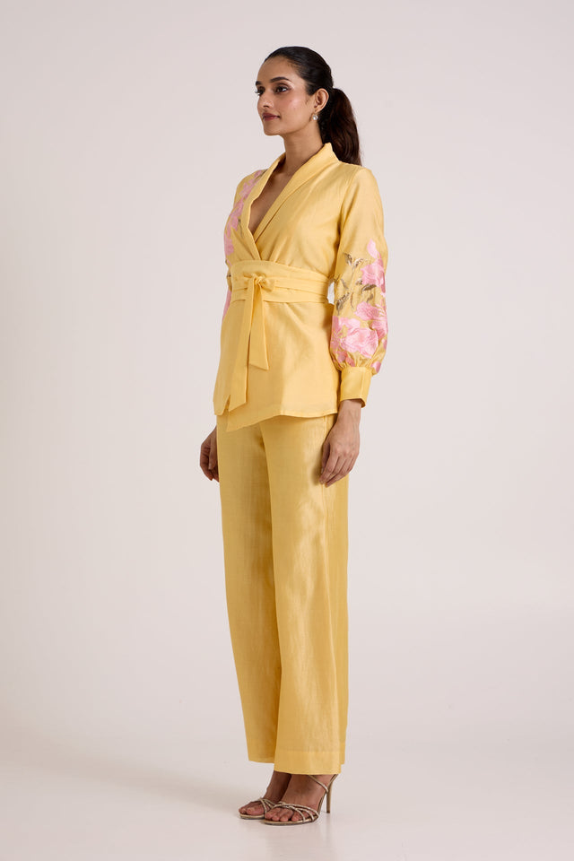 Butter Yellow Alfie - Obi Belt Blazer Set - Two-Piece Set - Mizyana