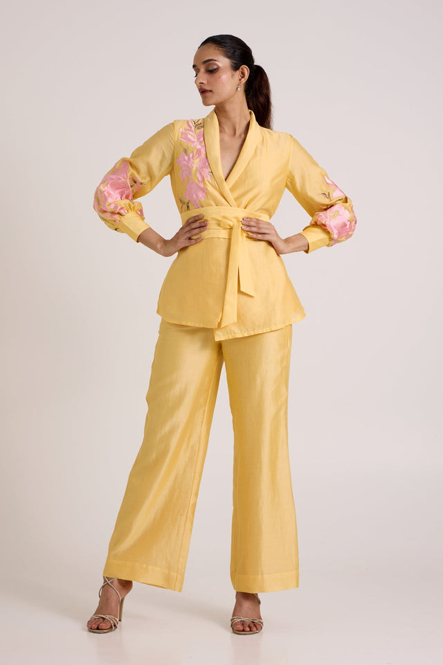 Butter Yellow Alfie - Obi Belt Blazer Set - Two-Piece Set - Mizyana
